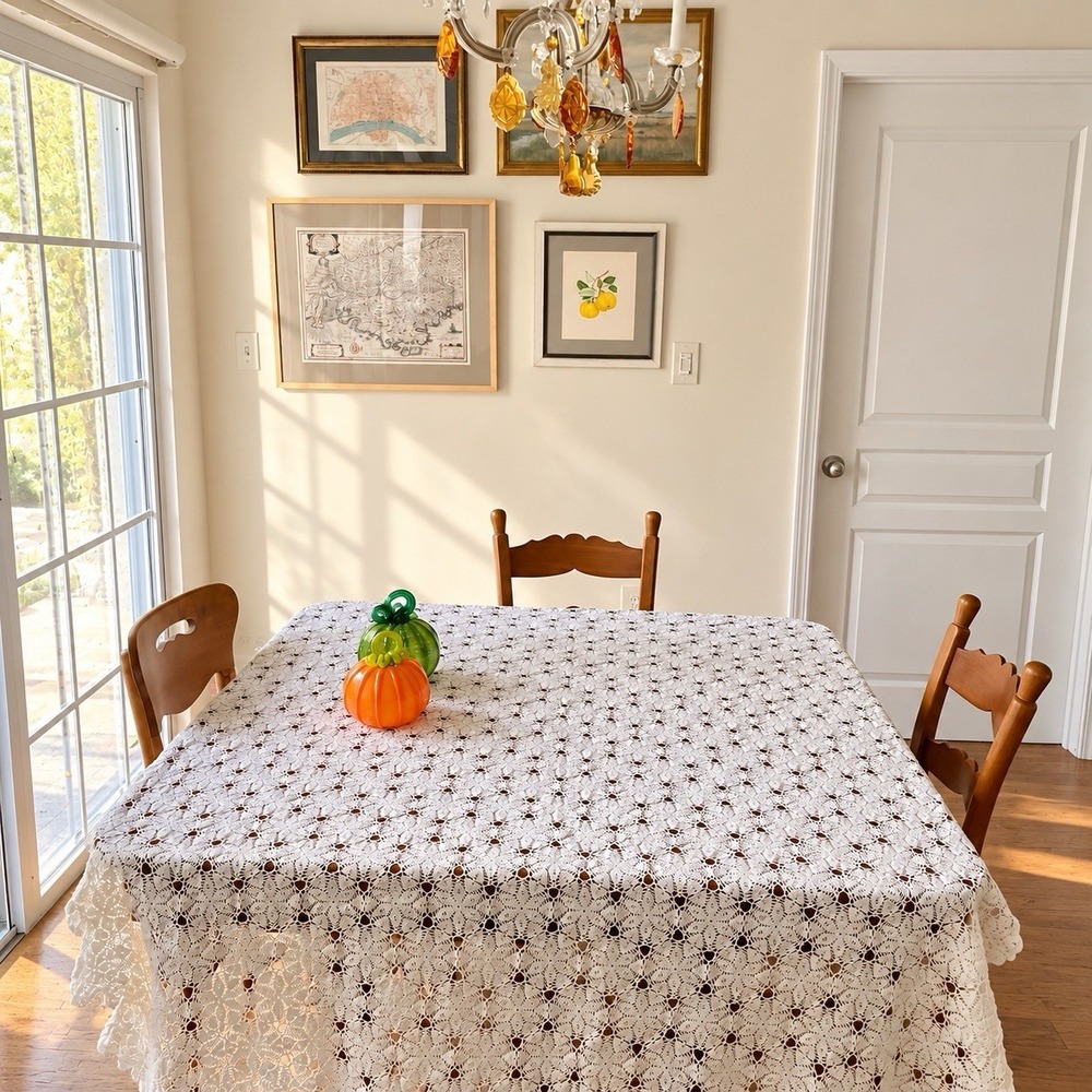 Vintage Handmade Crochet Lace Tablecloth 85x52" White Floral Scallop Edge